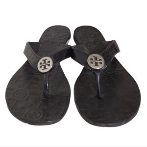 Tory Burch Thora Sandals Black Patent Leather Thong Sandal Flip Flop Sz 7